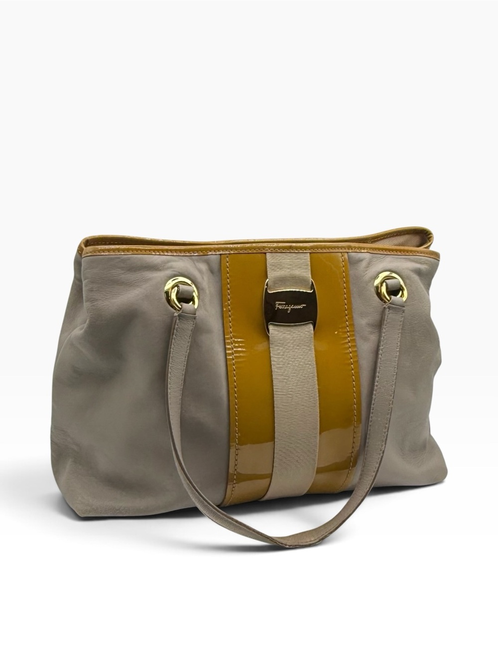 Salvatore Ferragamo Metallic Grey Leather Vara Stripe Tote Bag